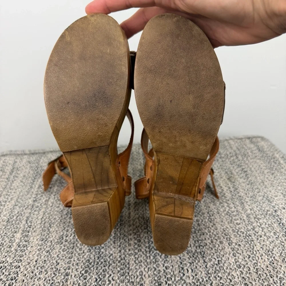 BED STU Sophie Brown Tan Leather Wood Platform Sandals 7.5